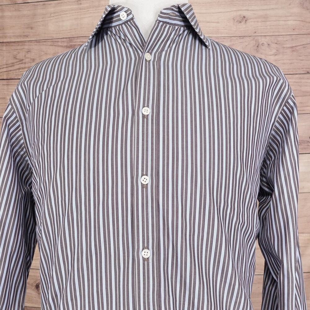 Thomas Pink Shirt Mens 16.5 Brown Blue Stripe French Cuff Jermyn Street Made UK